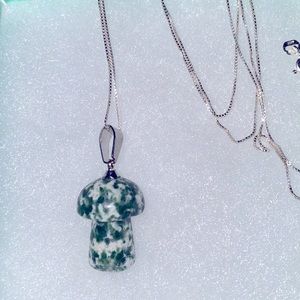 Long Boho natural Jade Mushroom Sterling Silver Necklace 30”